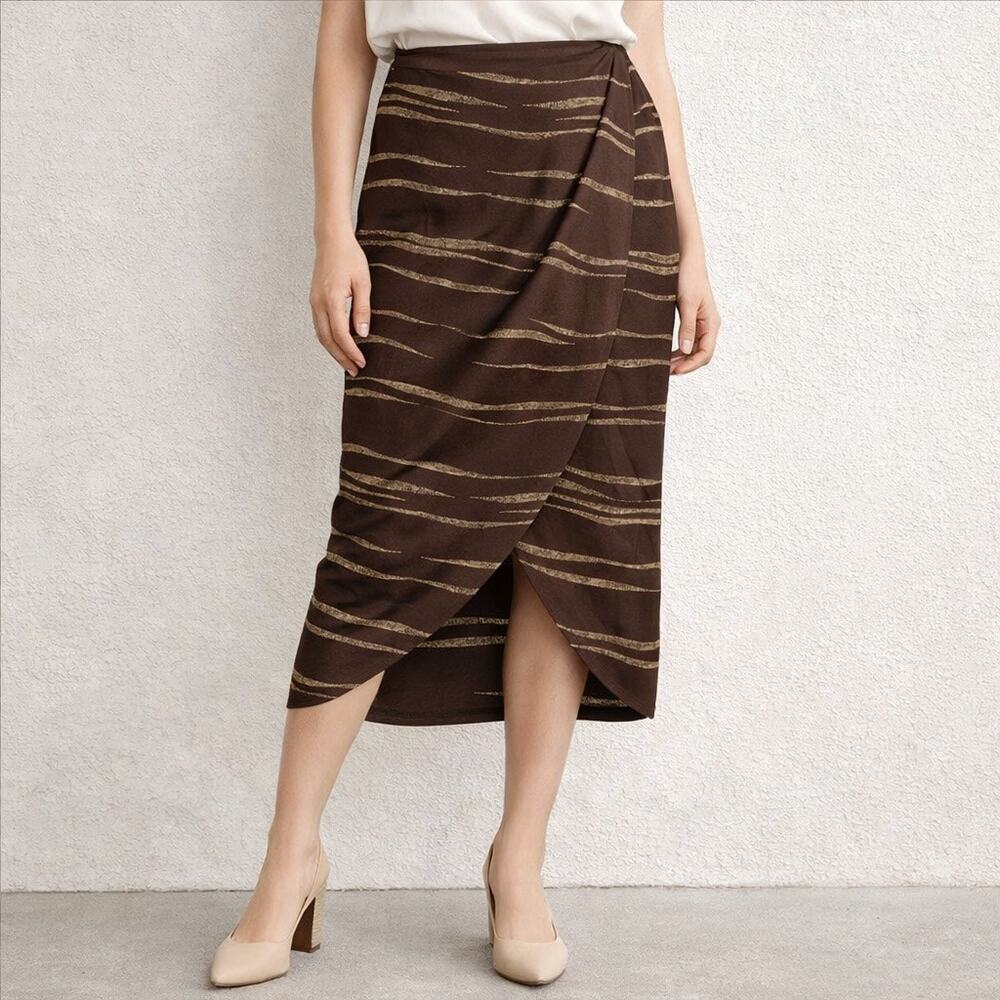 Josephine Chaus Brown Stripe Wrap Midi Skirt Office Career Sz 14